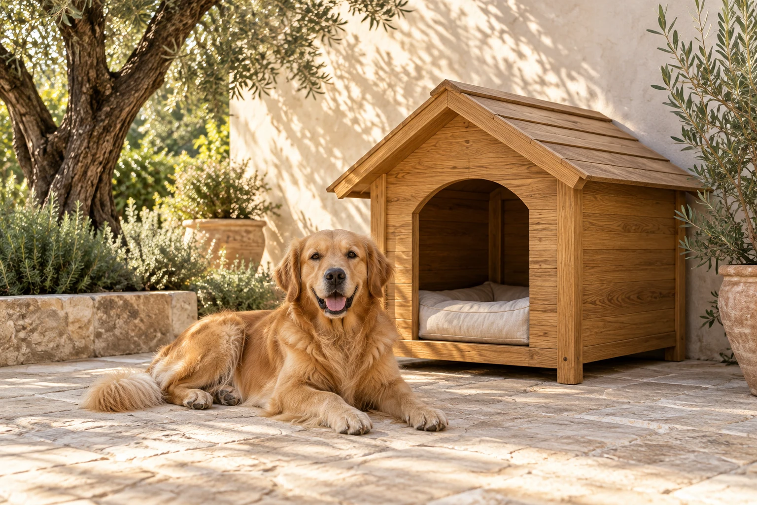 Stimmungsbild: Hund neben einem Hundehaus